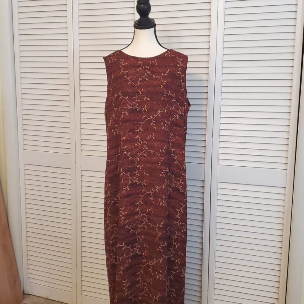 Leslie Fay Burgundy Maxi Dress with Gold Vine Embroidery